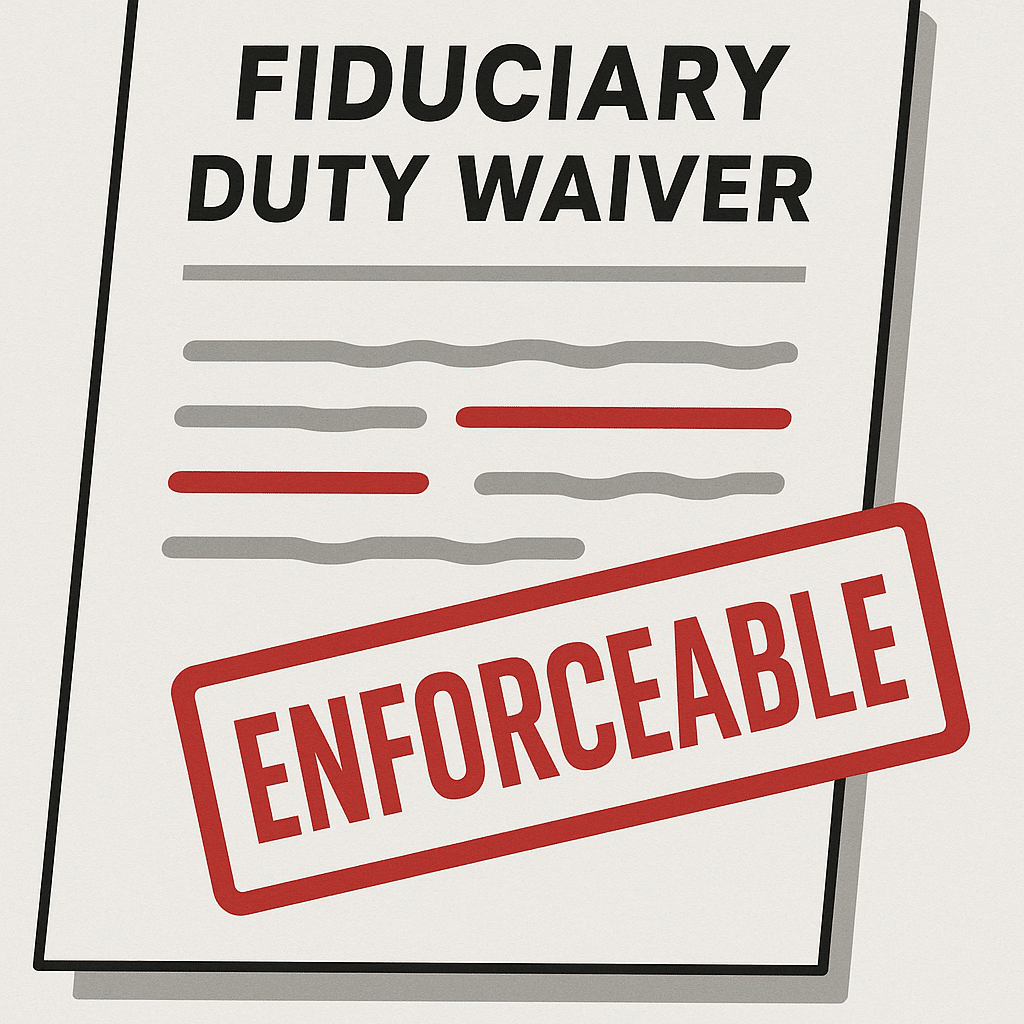 a document that says "fiduciary duty waiver" and an "enforceable" stamp on it