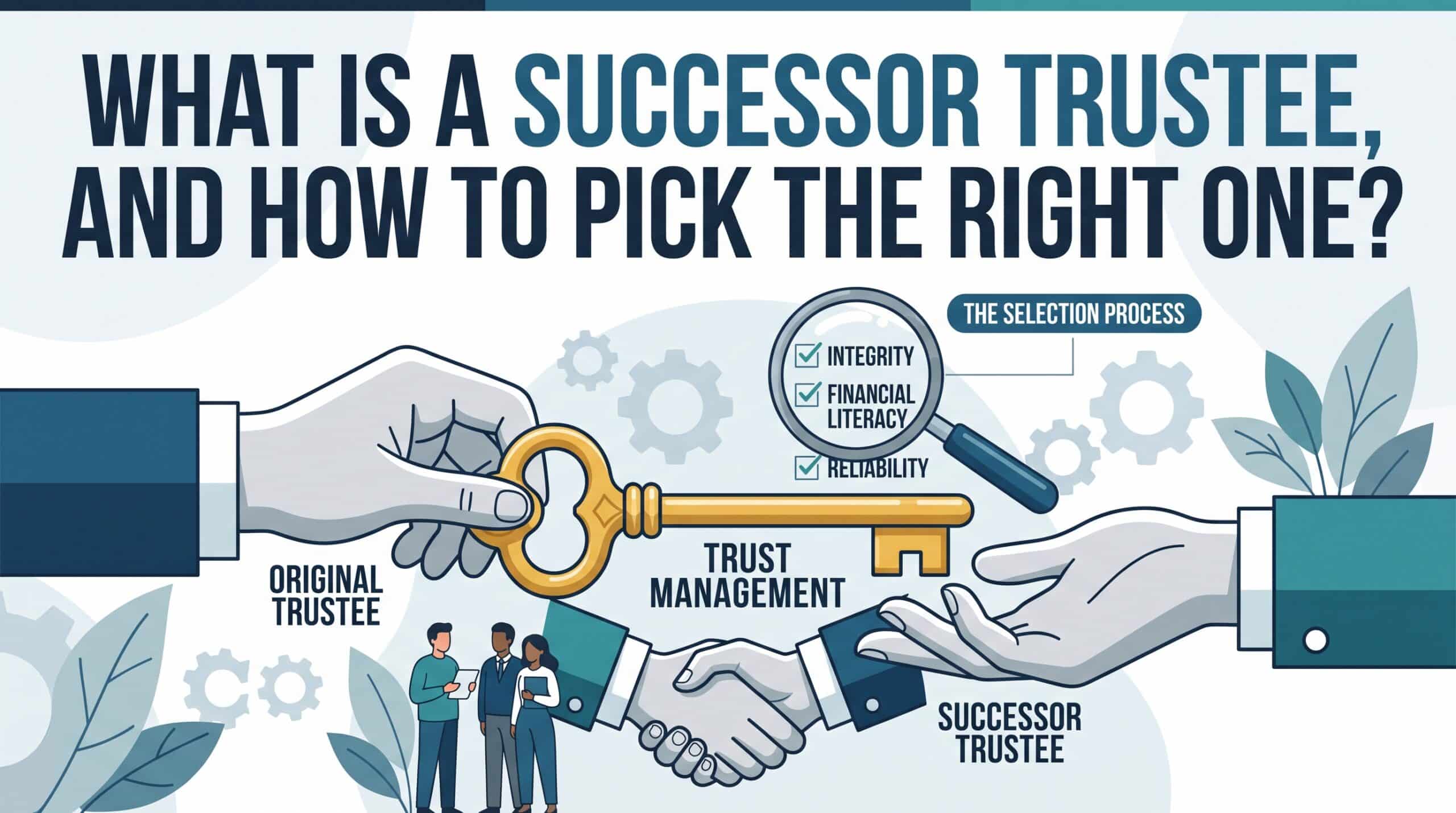 Illustration for a blog post on choosing a successor trustee, showing a trust hand-off, key, and the selection process