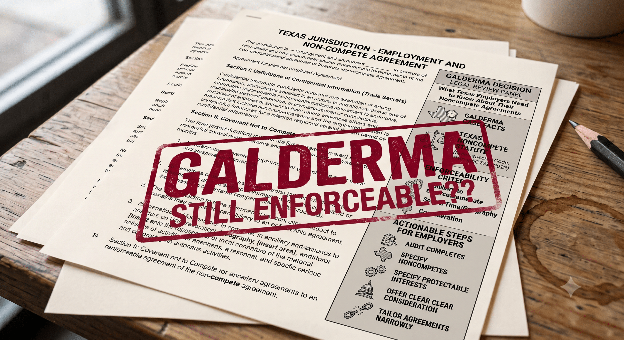 Legal papers stamped “Galderma — Still Enforceable??”, on Texas non-compete enforceability after Galderma