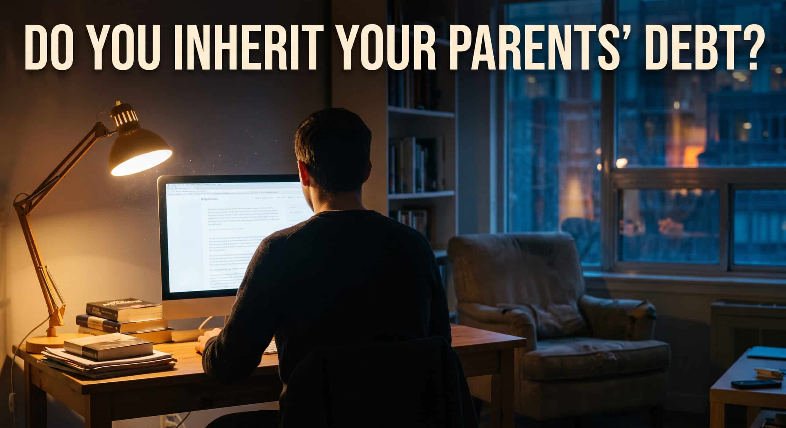 Person working late at a home-office computer, illustrating whether you inherit your parents’ debt in Texas