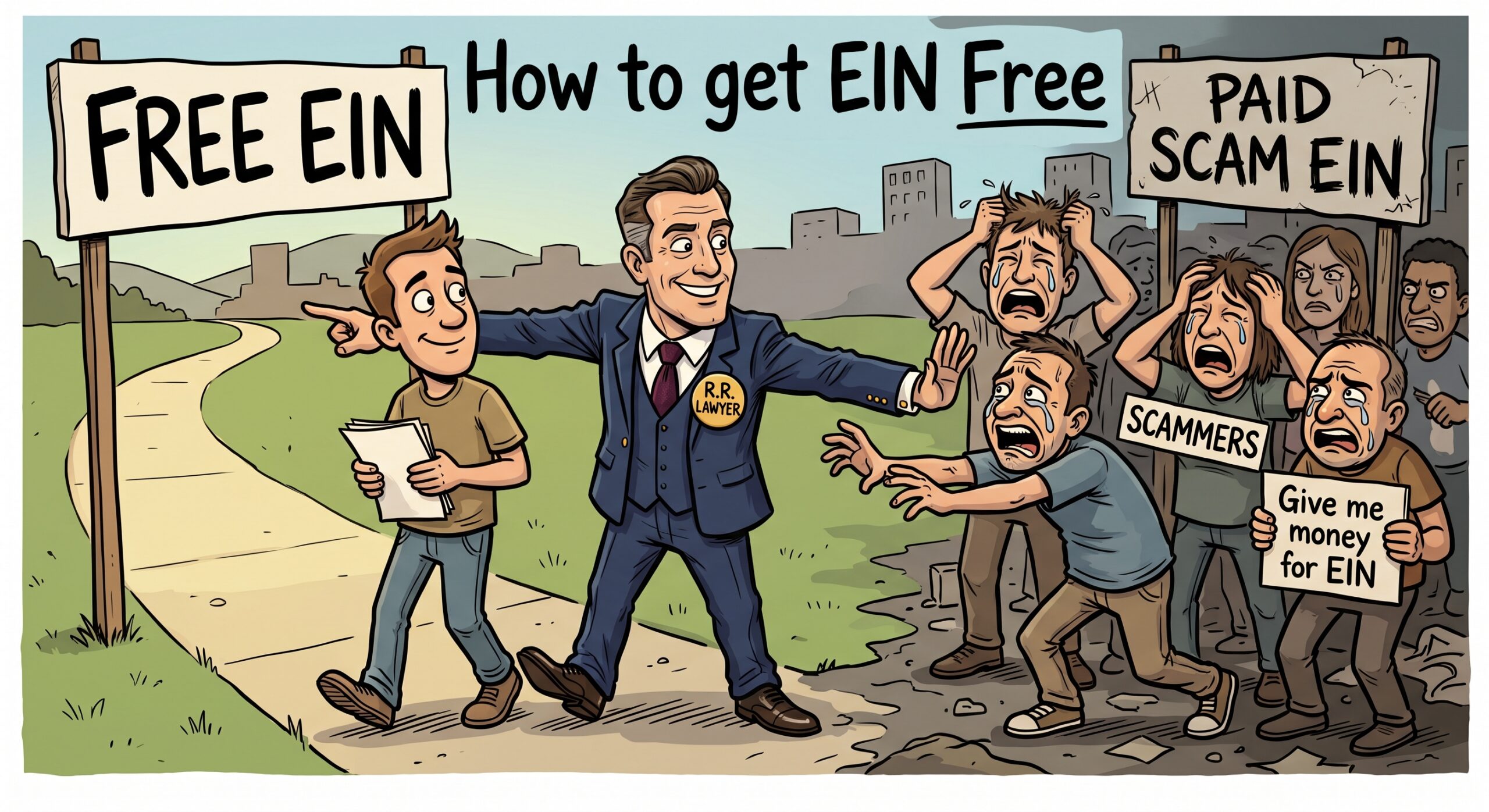 Cartoon of a Texas attorney at a “Free EIN” sign as scammers demand payment at a “Paid Scam EIN” sign